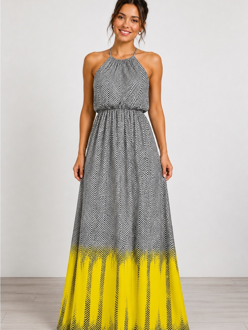 Vince Camuto Black-and-White Chevron Halter Maxi with Yellow Ombre